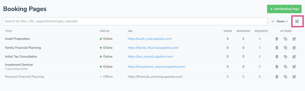 Apptoto Booking Page list view showing information about all booking pages.