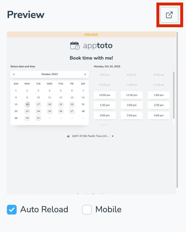 full page preview button of an Apptoto online booking page