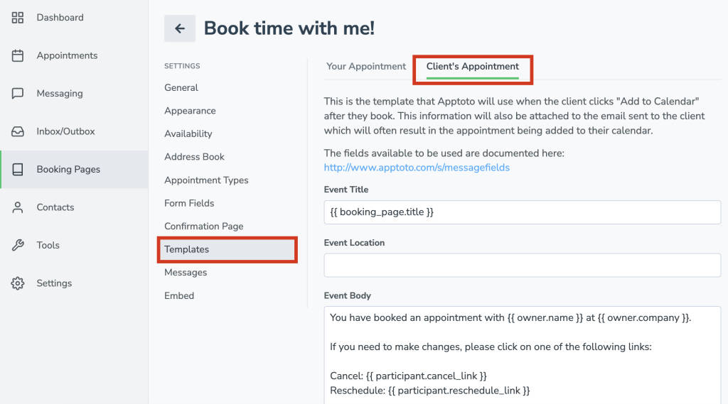 set a template for how events are added to your clients calendars in Apptoto