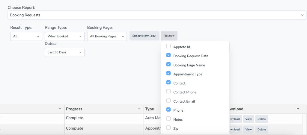 apptoto booking report field options