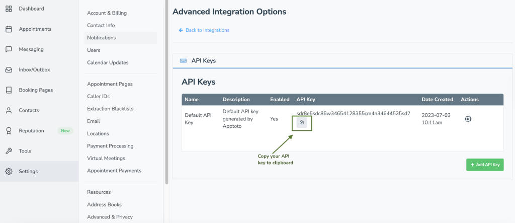 On the advanced integrations tab, find API keys, then click to copy yours using the two paper sheet icon