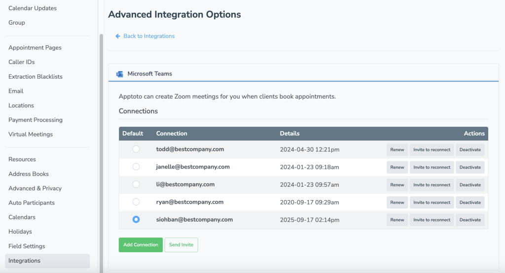 Choose which team member Apptoto will use as the default to create new Microsoft Teams meetings for via the Integrations tab.