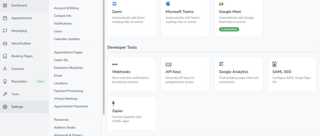 The Developer Tools section on the Integrations tab in Apptoto includes API Keys.