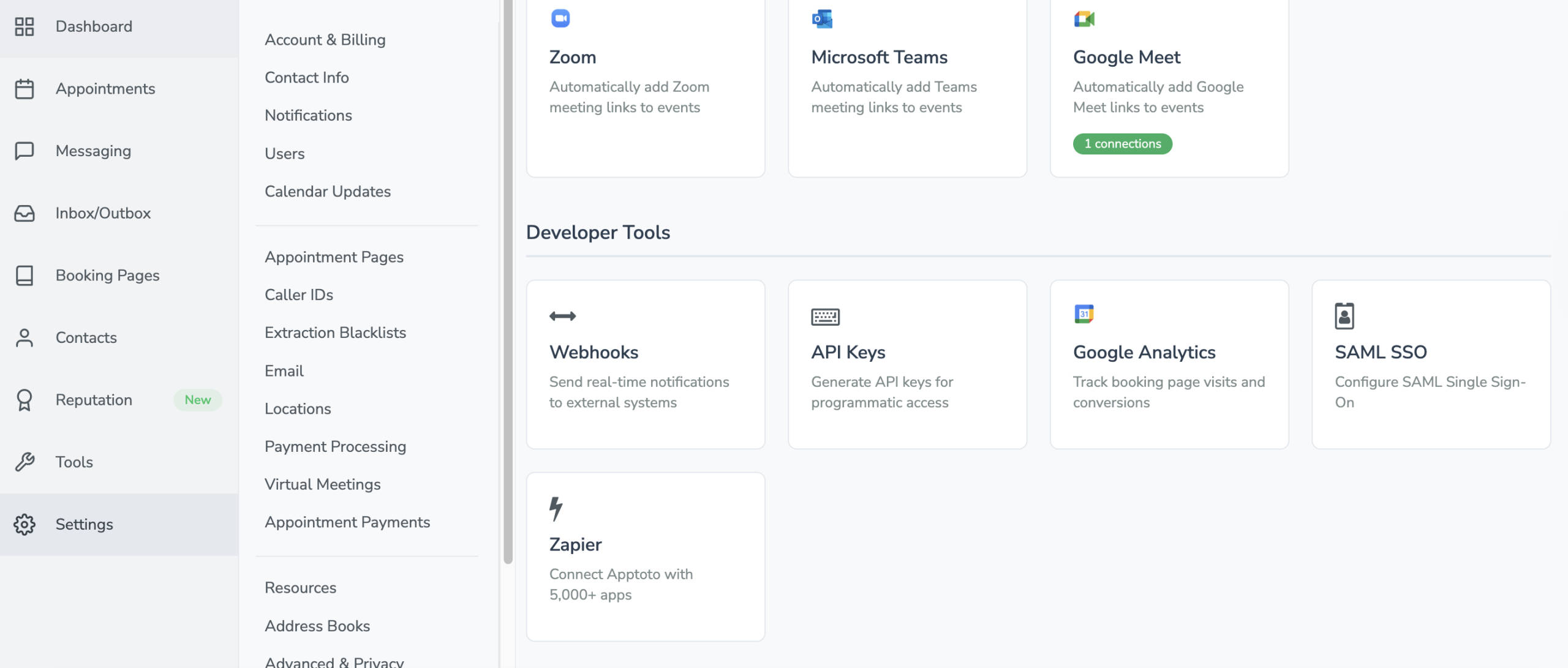 Developer tools section of Apptoto Integrations page with API Keys link.