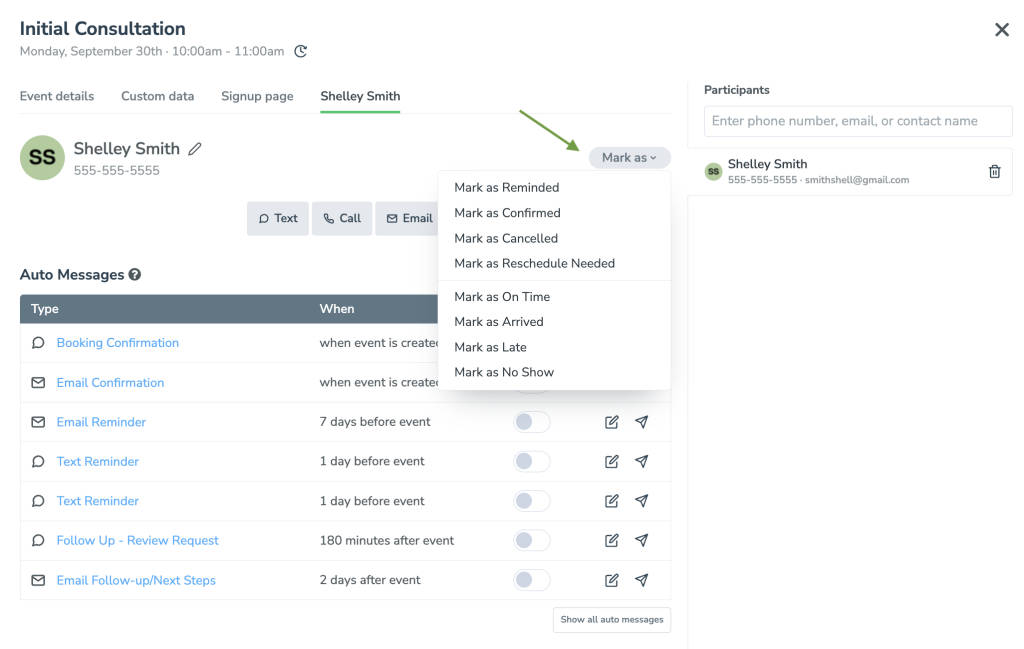 Event editor displaying actions that can be taken to mark reminder and appointment status.