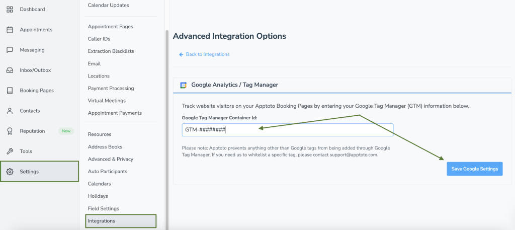 Add your Google Tag Manger container ID to Apptoto via the integrations setting tab.