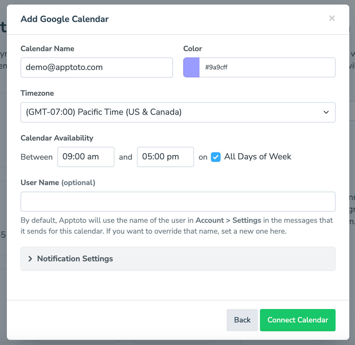 Google Calendar details and notification settings in Apptoto
