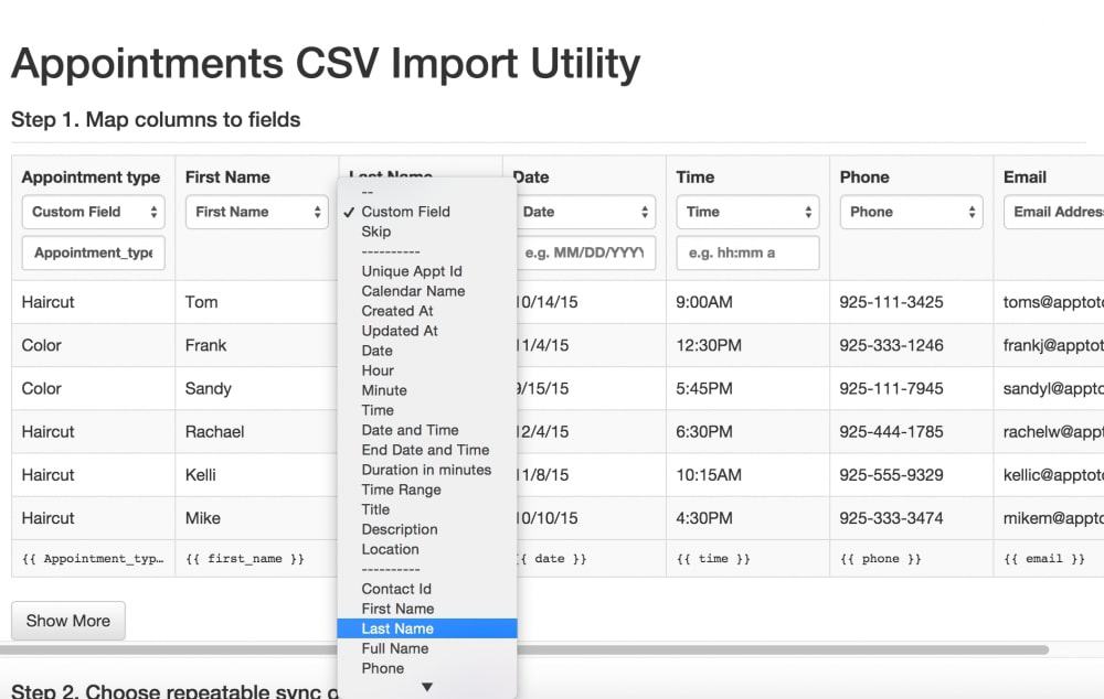 Apptoto data import displayed in table with column header dropdown