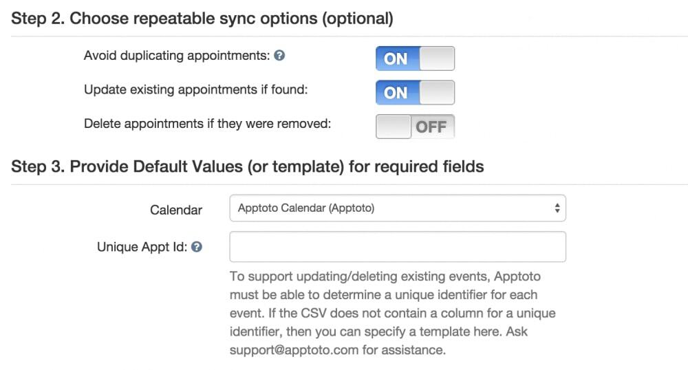 Apptoto data import repeatable sync options with update existing appointments if found switched "on"