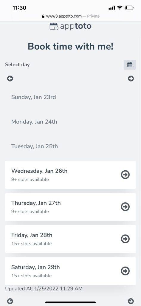 Apptoto booking page with a daily view of available appointment times