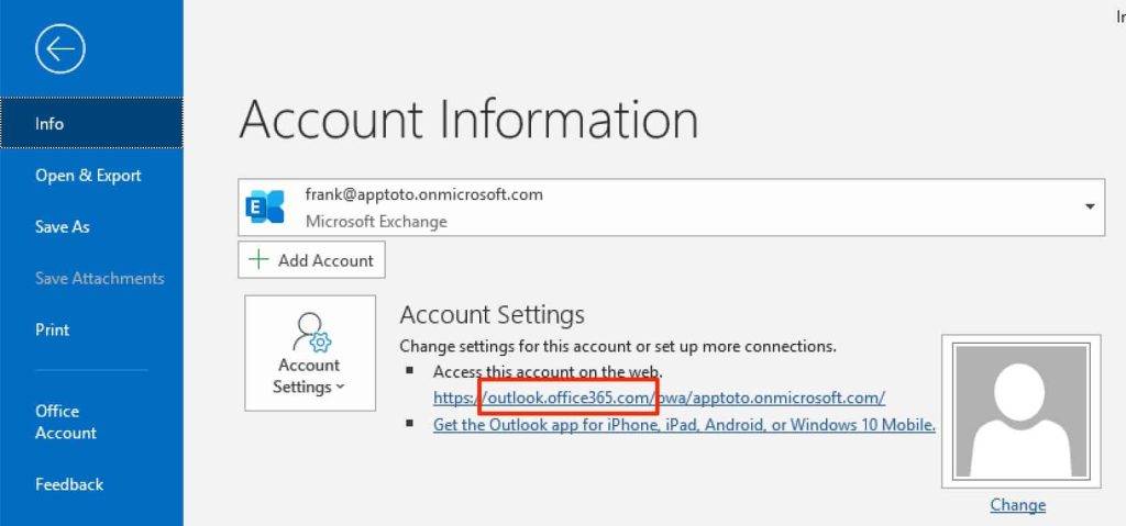 Outlook Office 365 account information and settings screen