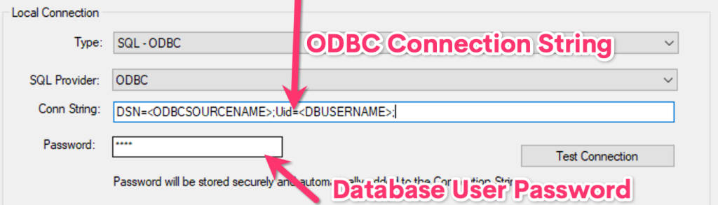 odbc connection string field and password field