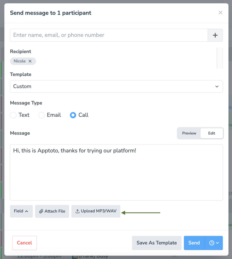 Add a MP3/WAV file to a one-time message using the upload button