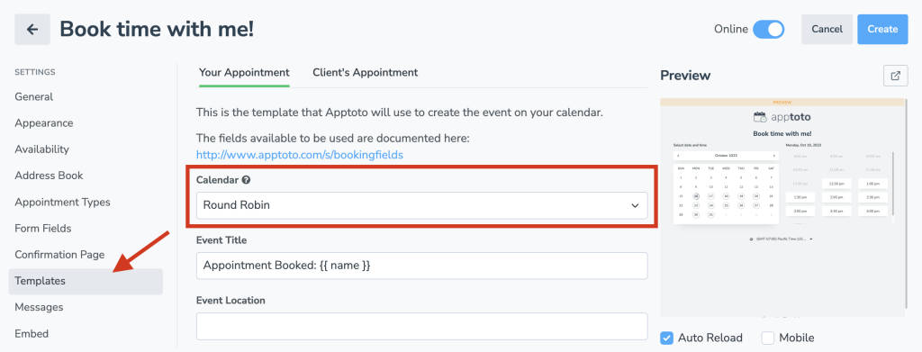Assign newly booked appointments using the templates tab in apptoto