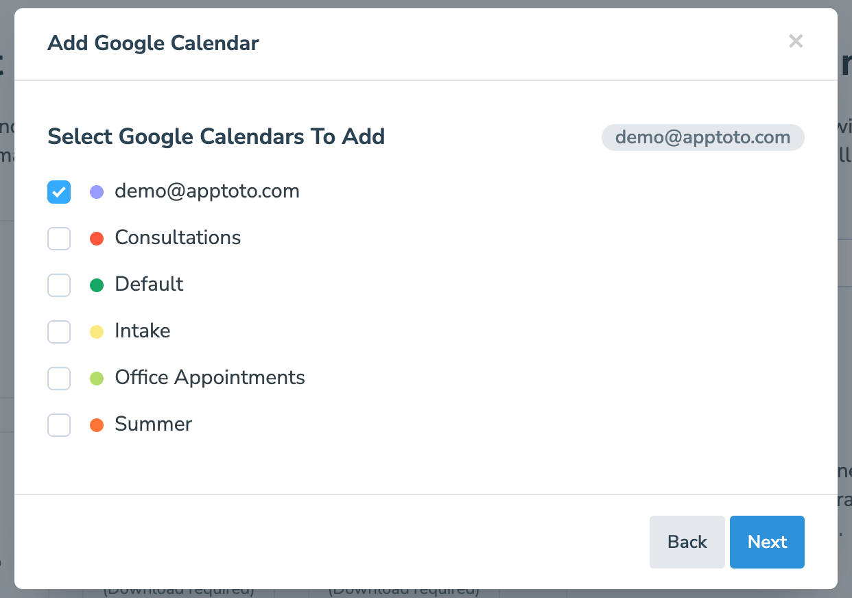 Select which Google Calendars associated with your Google Account you'd like to sync with Apptoto