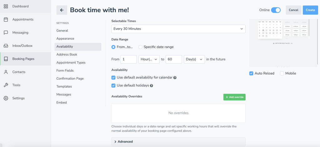 Set selectable or available times you can take appointments on your booking pages in Apptoto