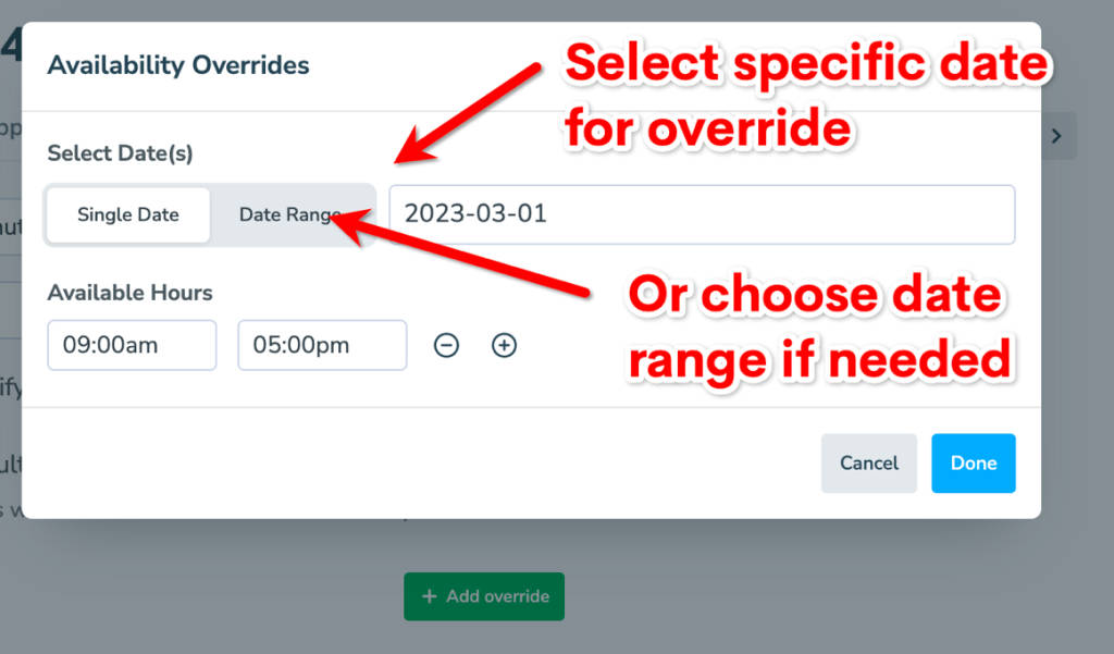 Override your availability for a single date or date range