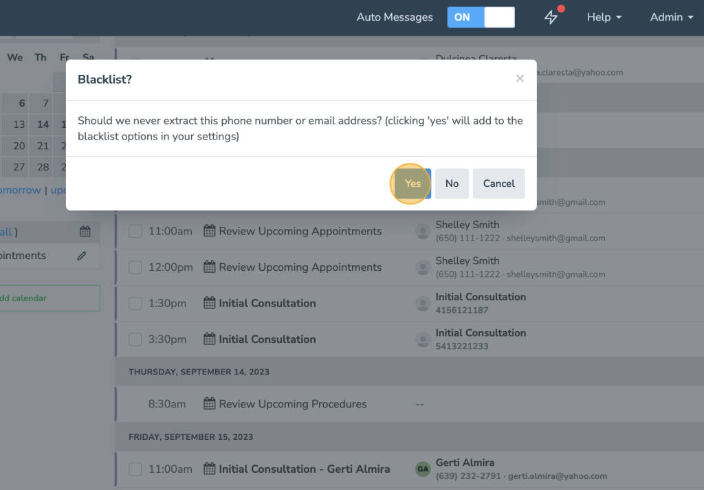 Automatically add a contact to apptoto blacklist approval message