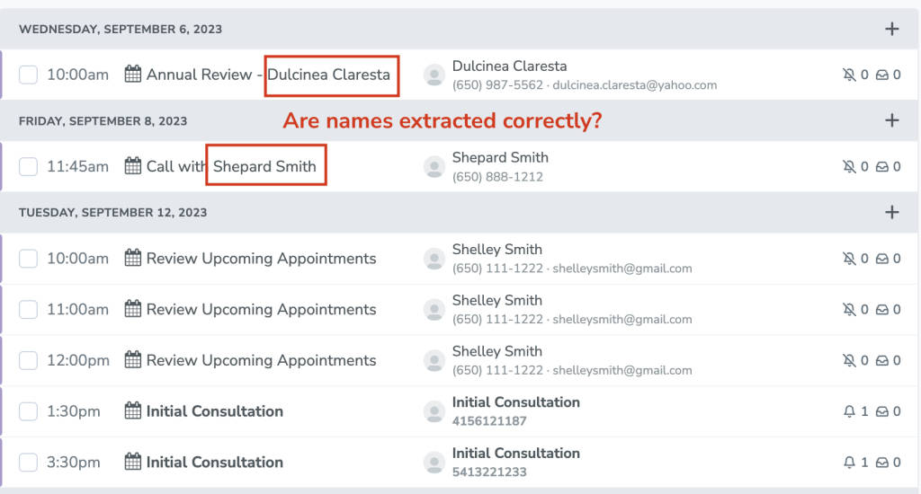 meetings in Apptoto with extracted names added to the participant details.