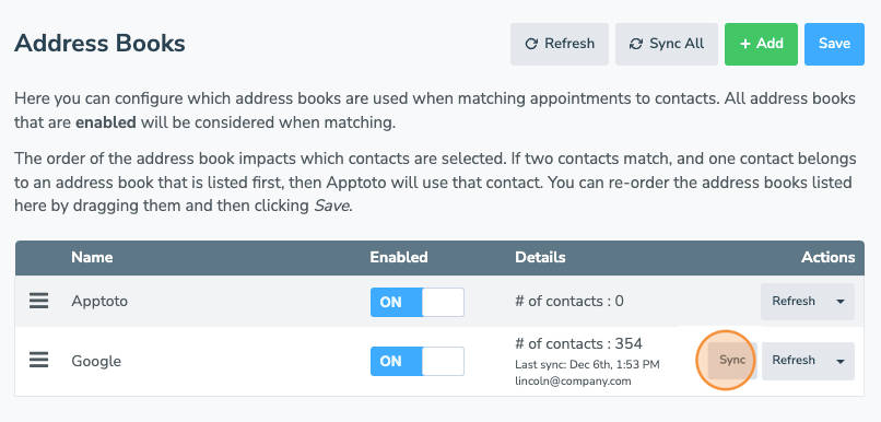 syncing new contacts to a Google address book in apptoto