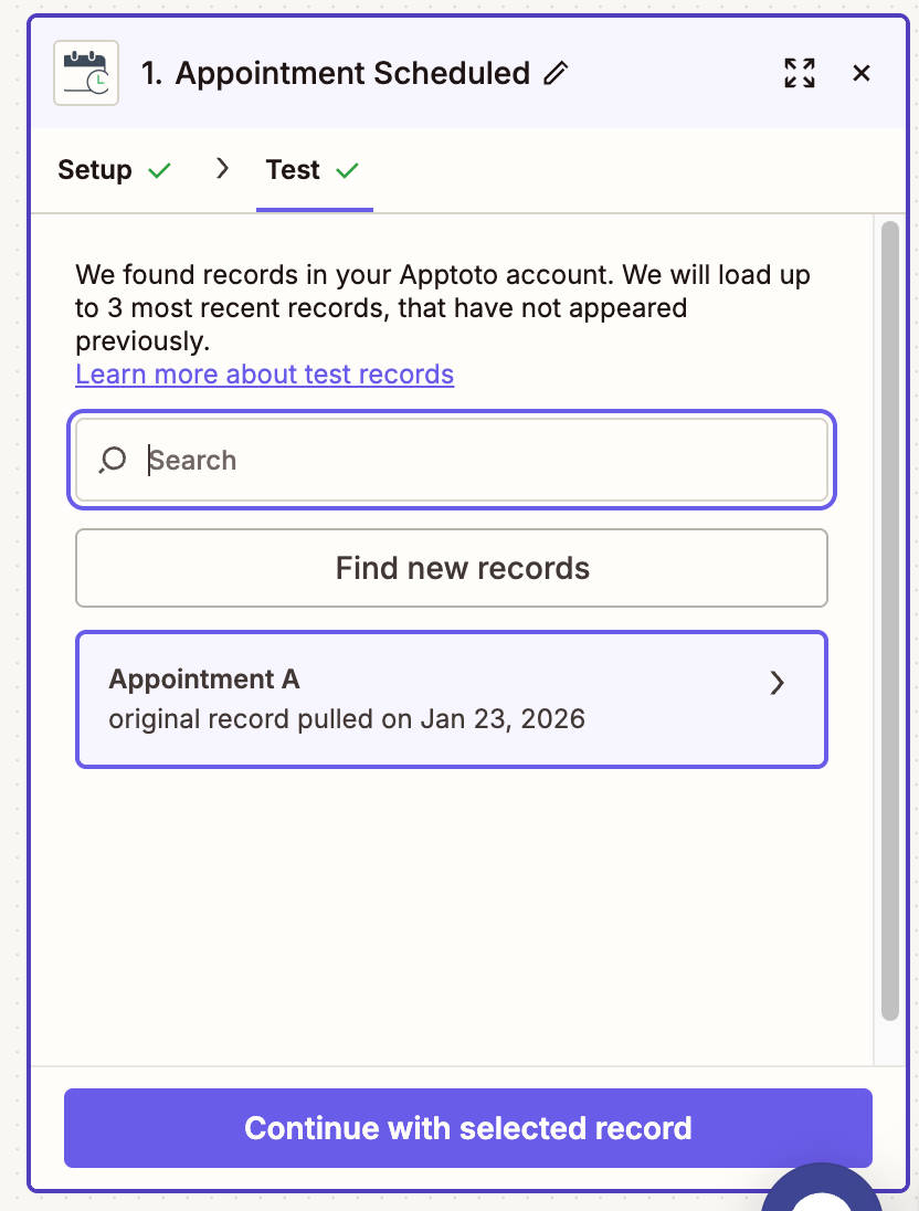 Zapier displaying test record from Apptoto
