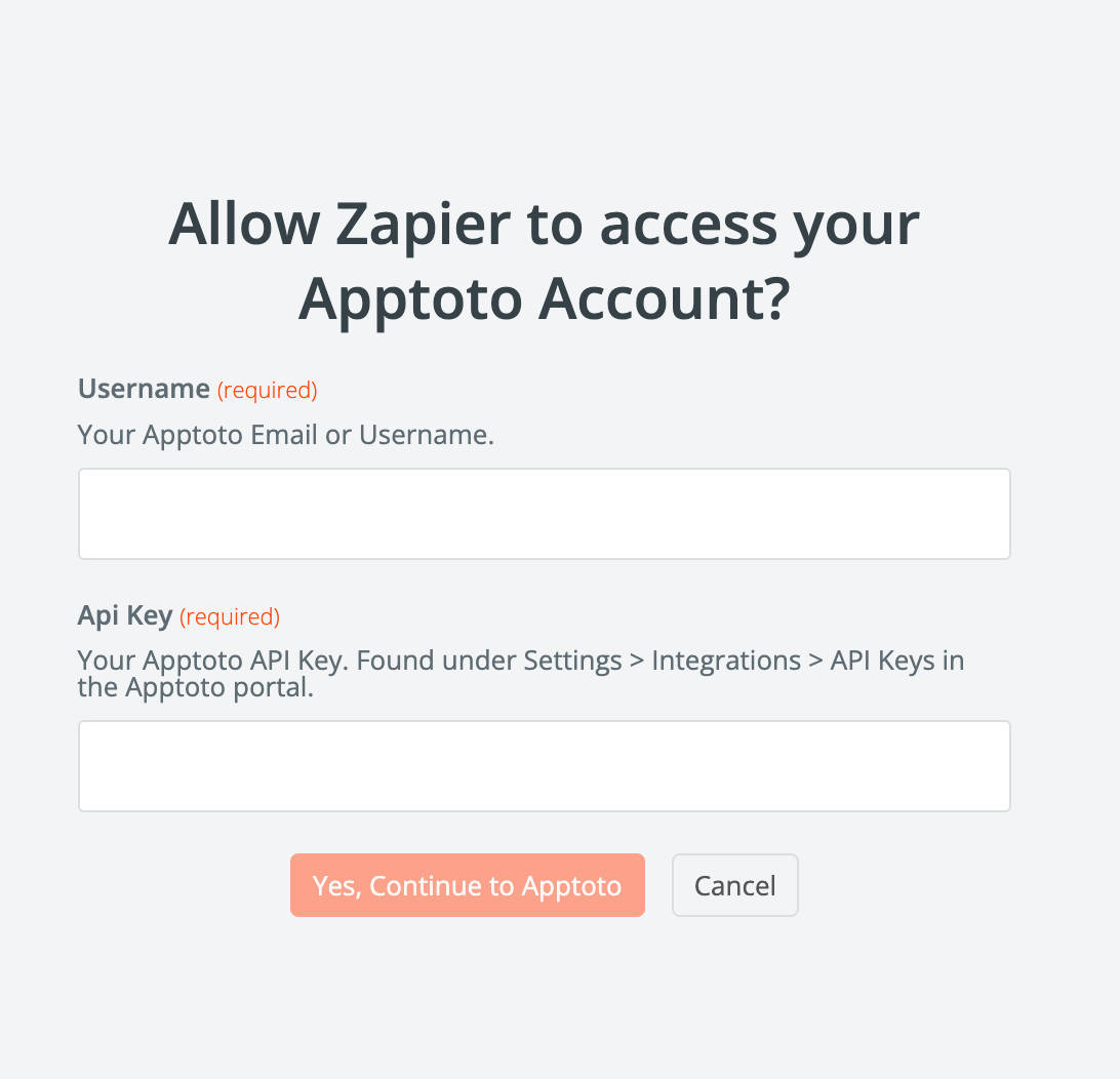 Zapier access screen asking for permissions and API key for Apptoto