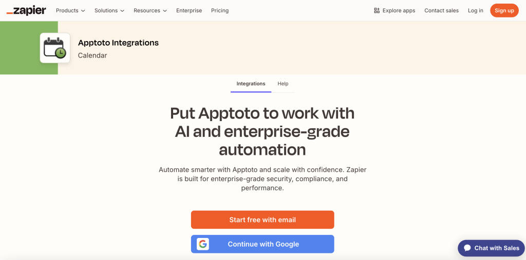 Zapier Apptoto integration screen where you can log in or sign up for a Zapier account.