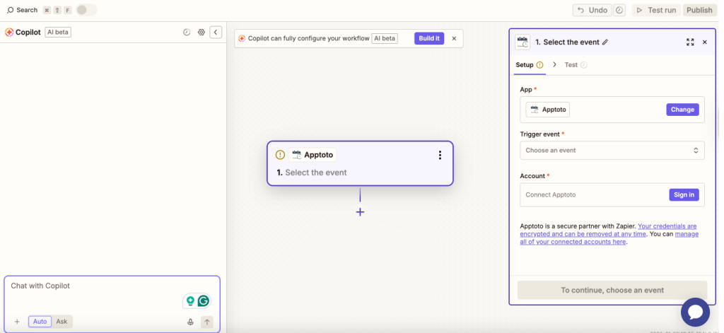 Zapier Apptoto app configuration screen where you set you trigger event.