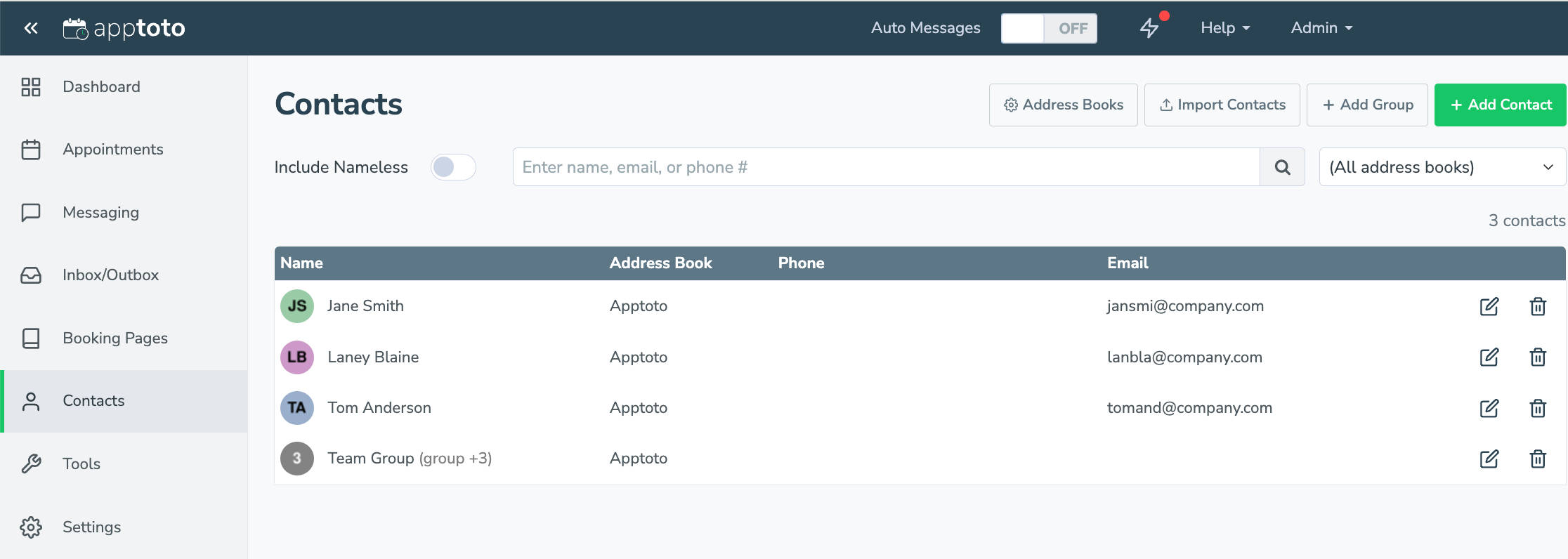 Contacts tab in Apptoto with groups