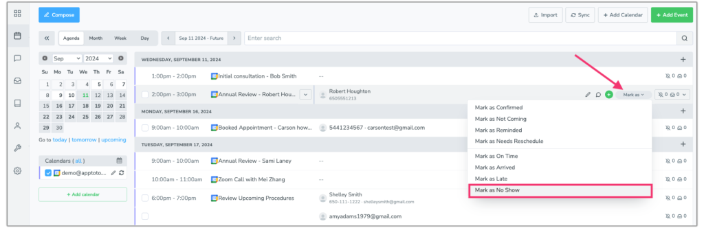 Marking clients as no-shows or late on Apptoto appointment tab