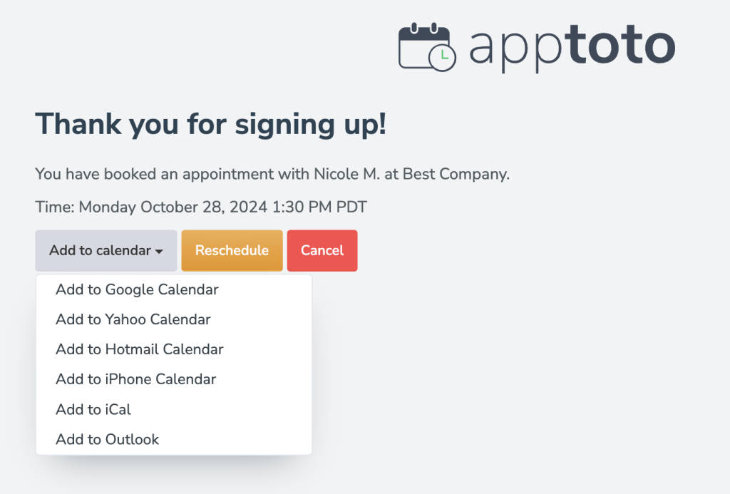 Booking confirmation page with "add to calendar" button enabled.
