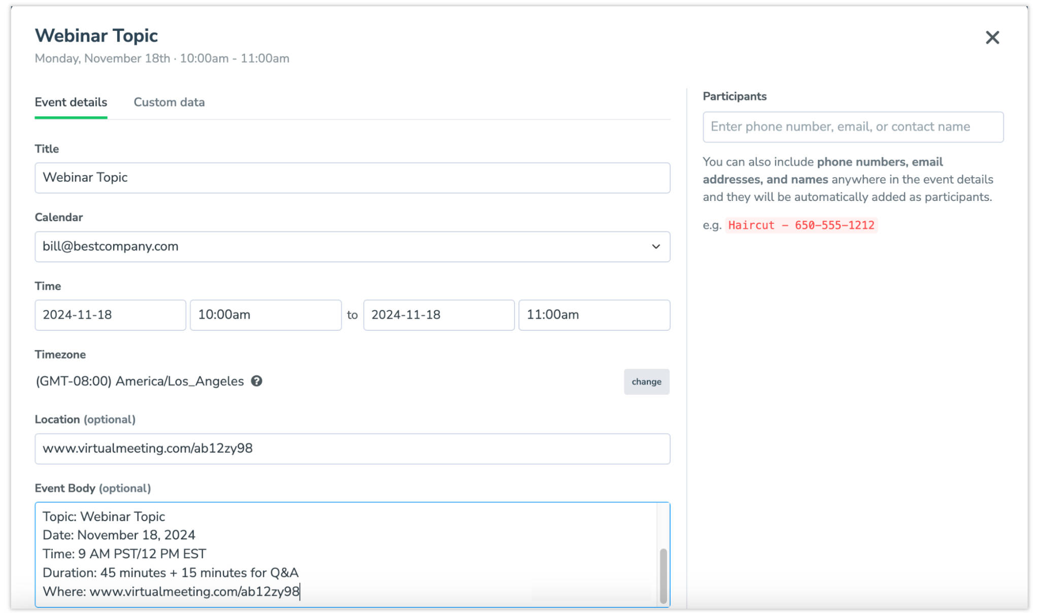 Add details for webinar calendar event
