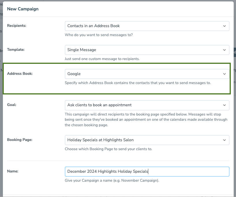 Address book campaign creation