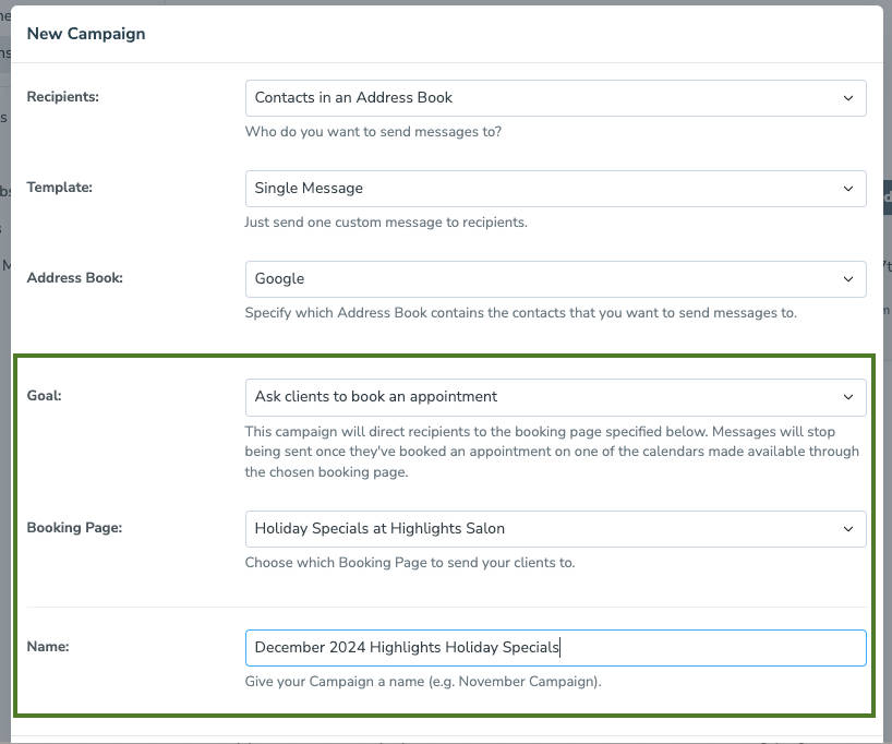 Finalize goal, booking page, and name of discount appointment campaign