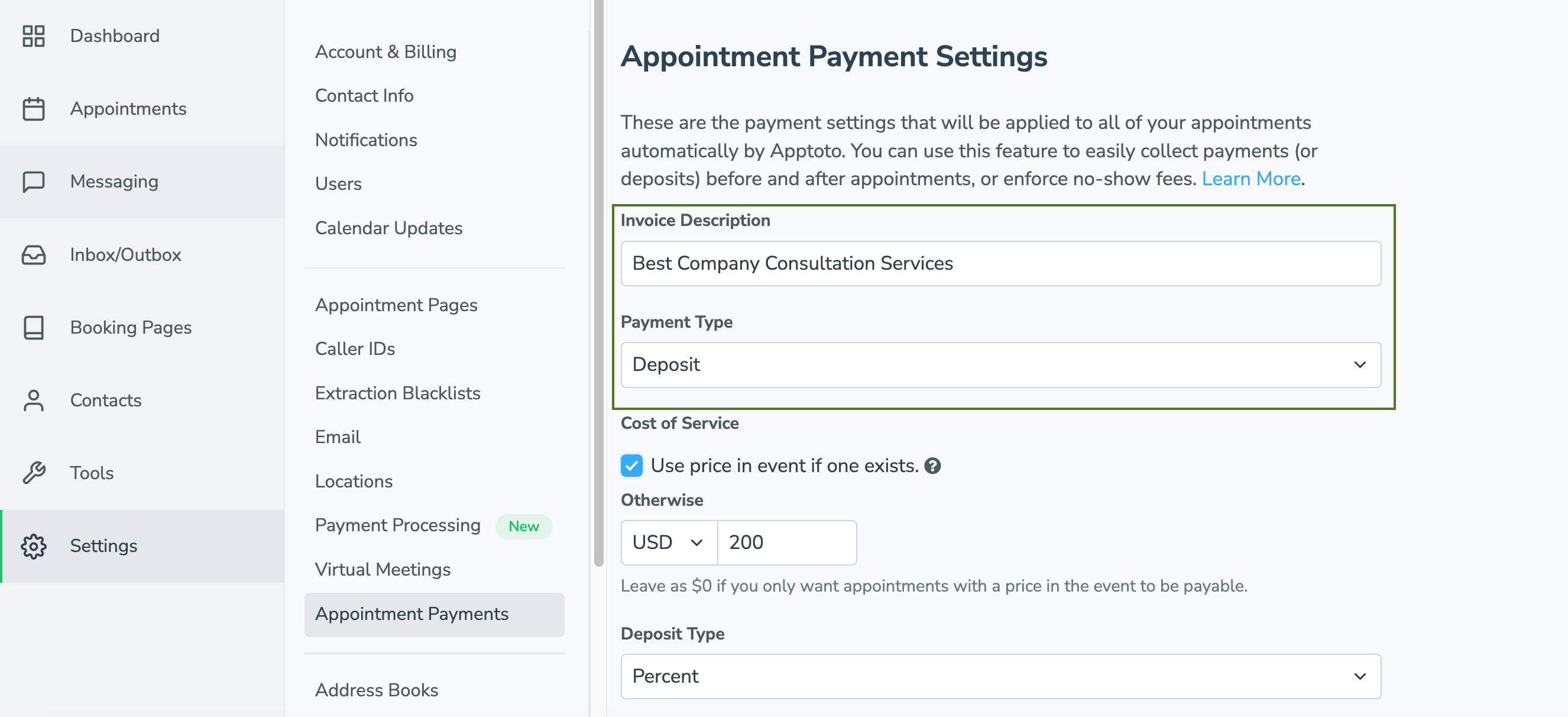 Appointment Payments settings page with invoice description and payment type highlighted