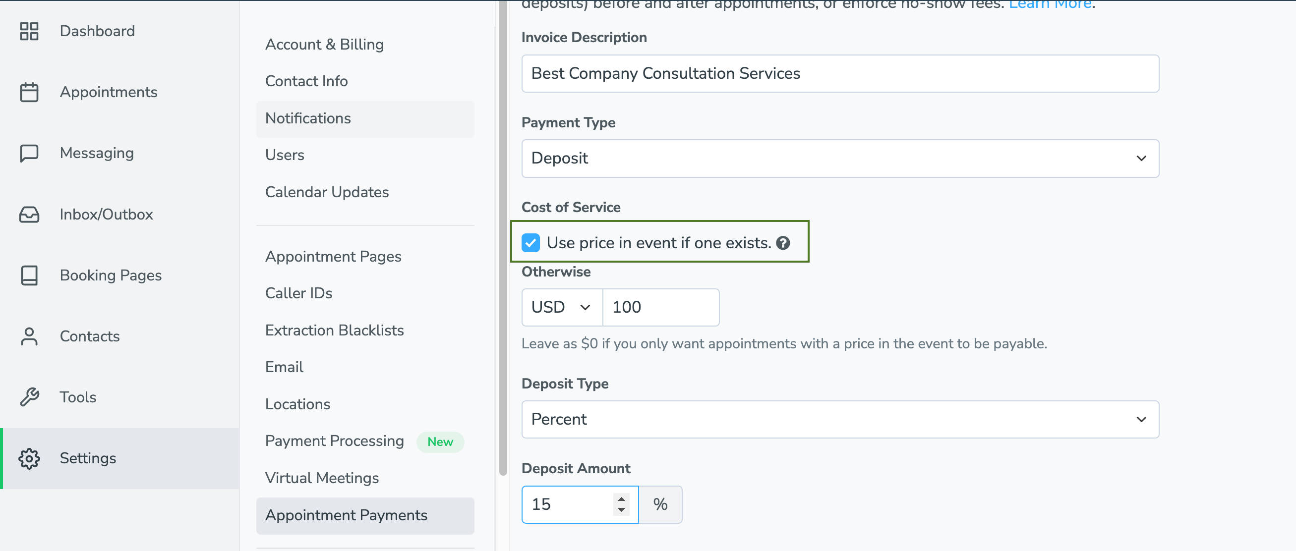 Check "use price in event if one exists" to allow Apptoto to find price in appointment event.