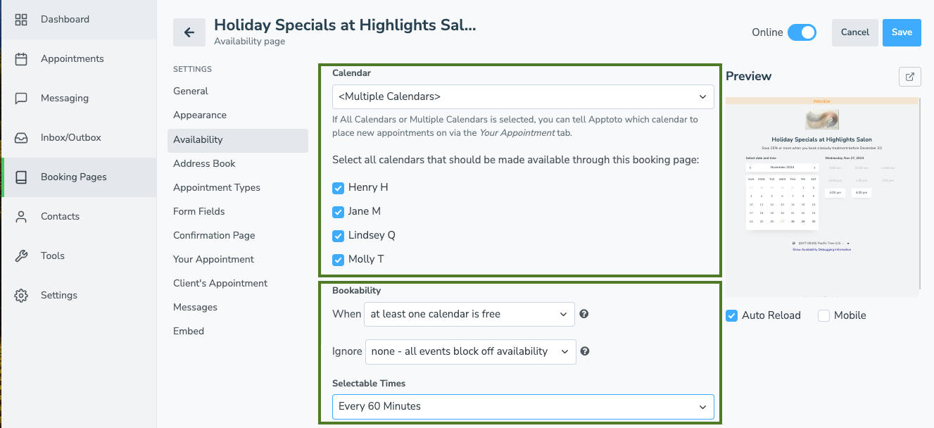 Set booking page availability settings for your discount appointments page