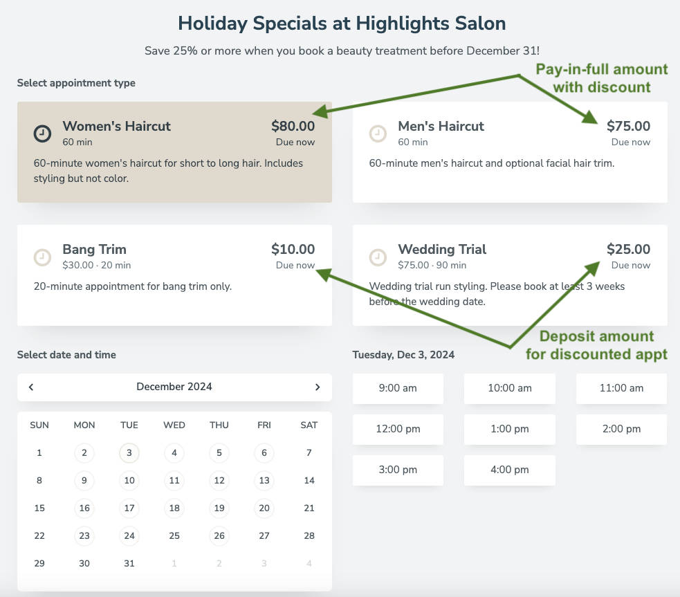 Booking page displaying discounted appointment payment amounts