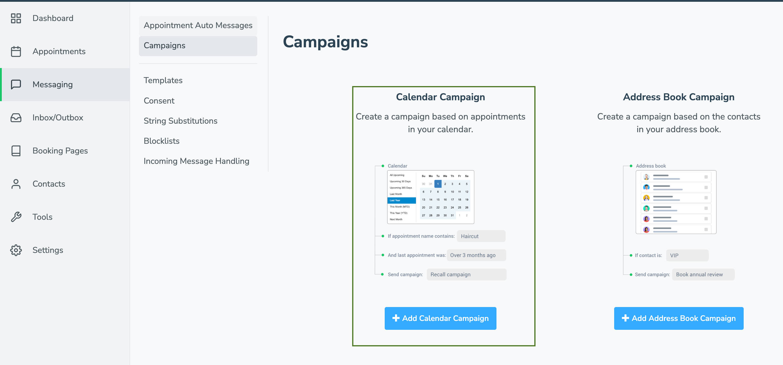 Calendar campaign type for discount appointment promotion