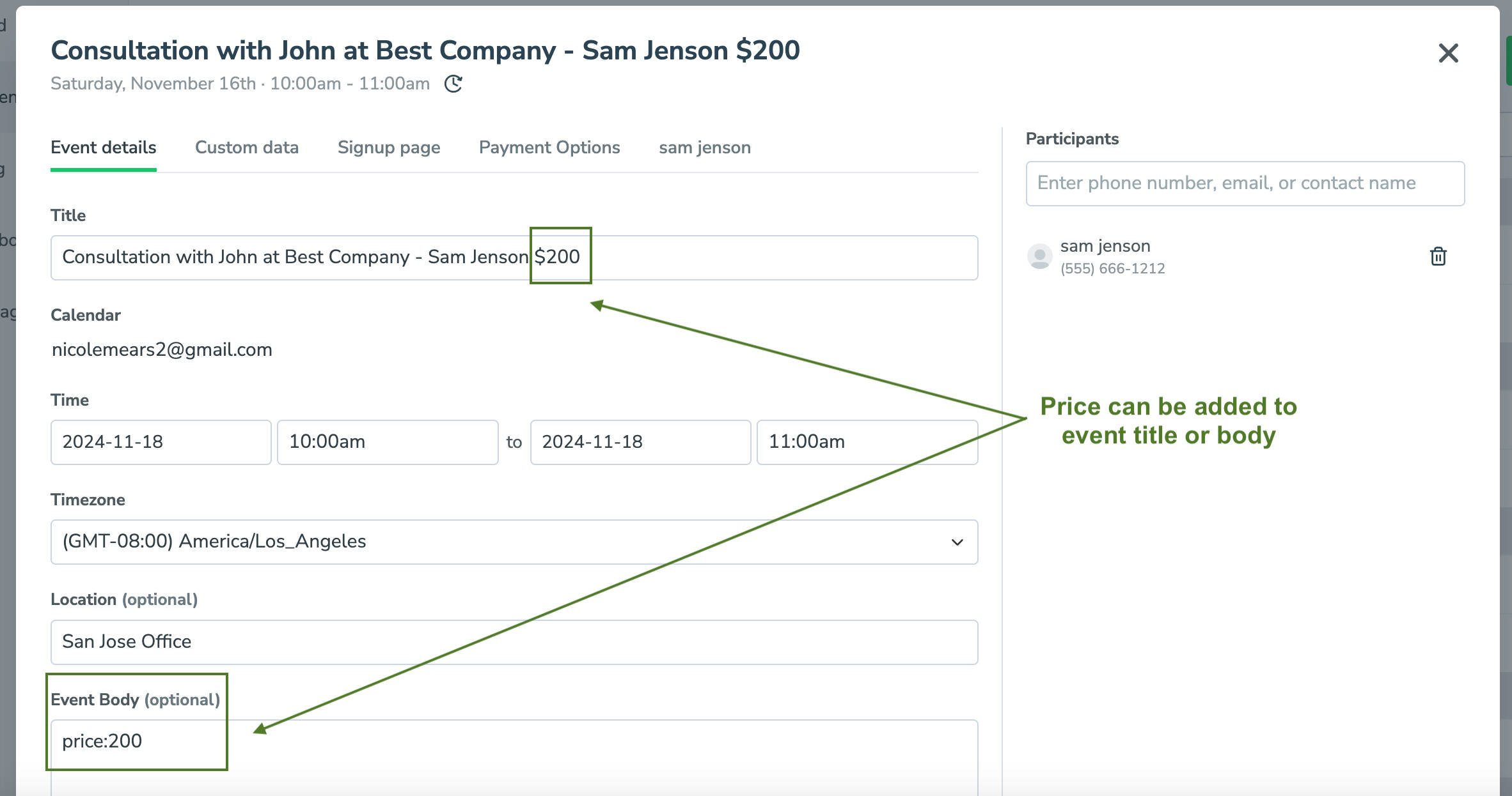 Add pricing into the body or the title of an event to have Apptoto automatically recognize it