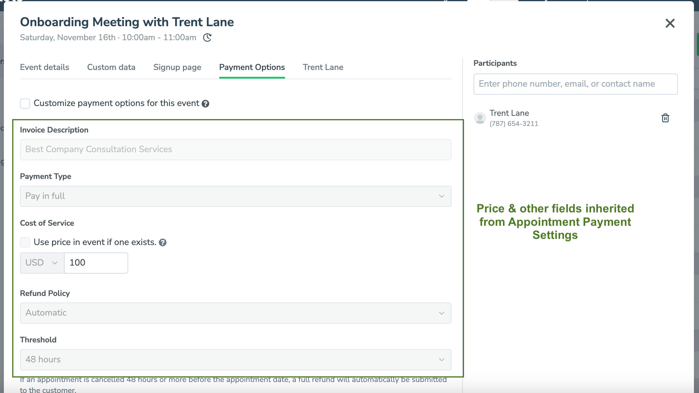Payment settings for an appointment showing they were inherited from "Appointment Payment Settings"
