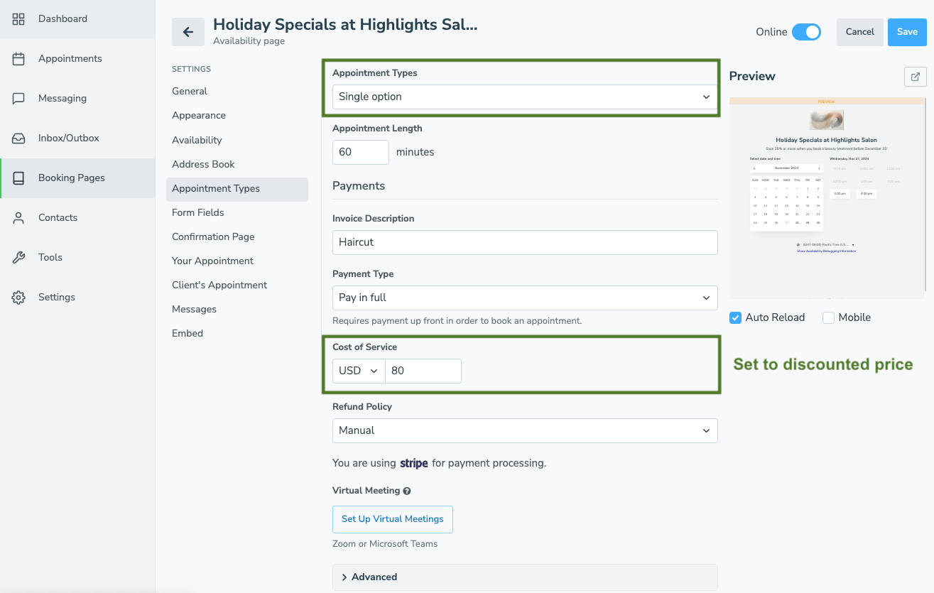 Single appointment type booking page with appointment discount applied