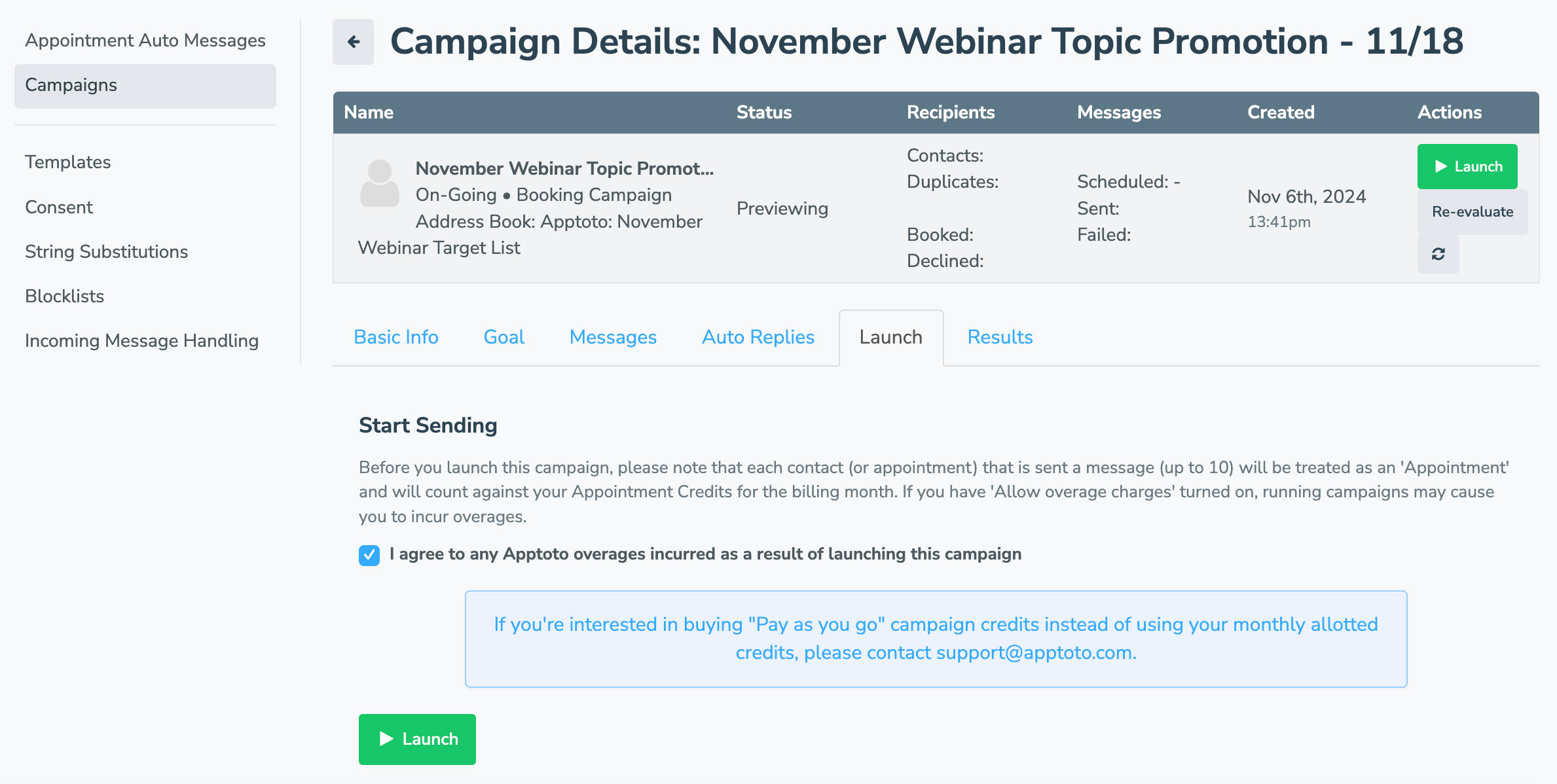 Webinar campaign launch screen
