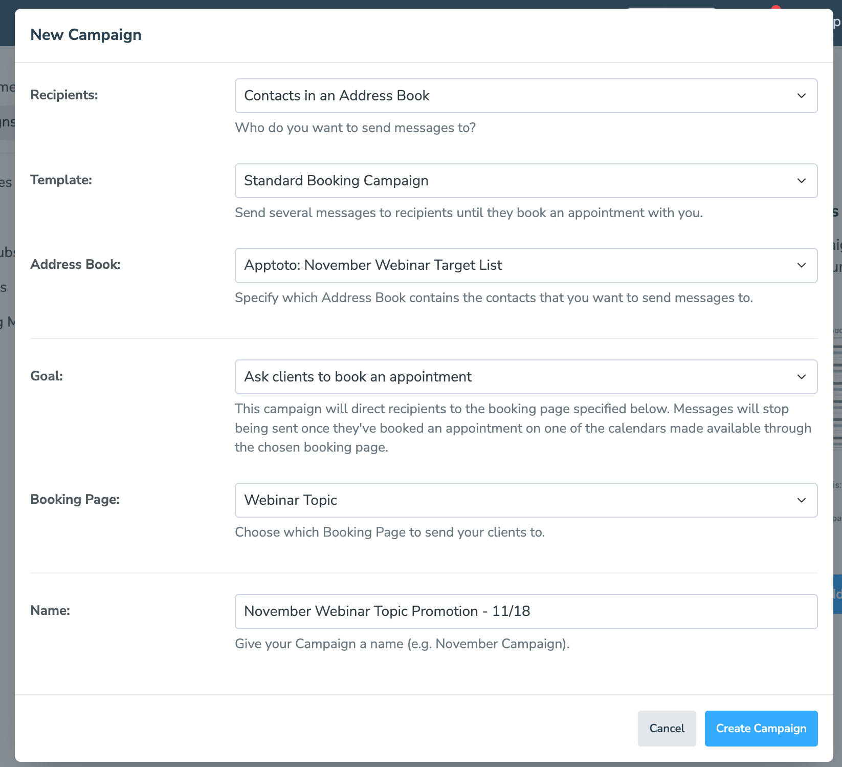 Set your webinar messaging campaign settings in Apptoto