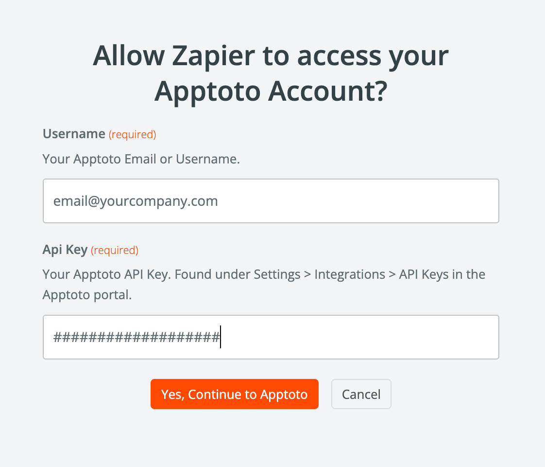 grant Zapier access to your apptoto account using your email and API key