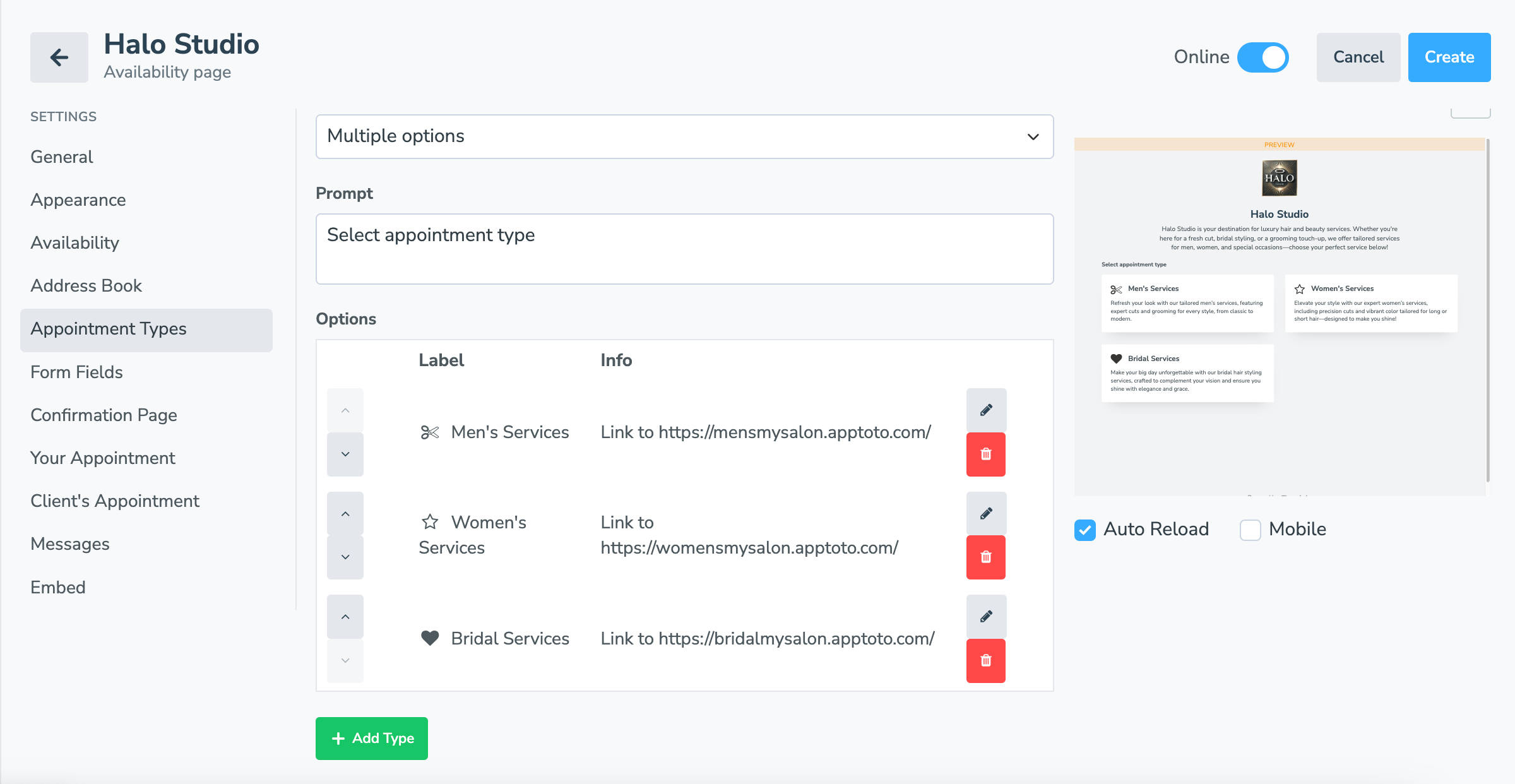 Add all appointment types you want to the main booking page