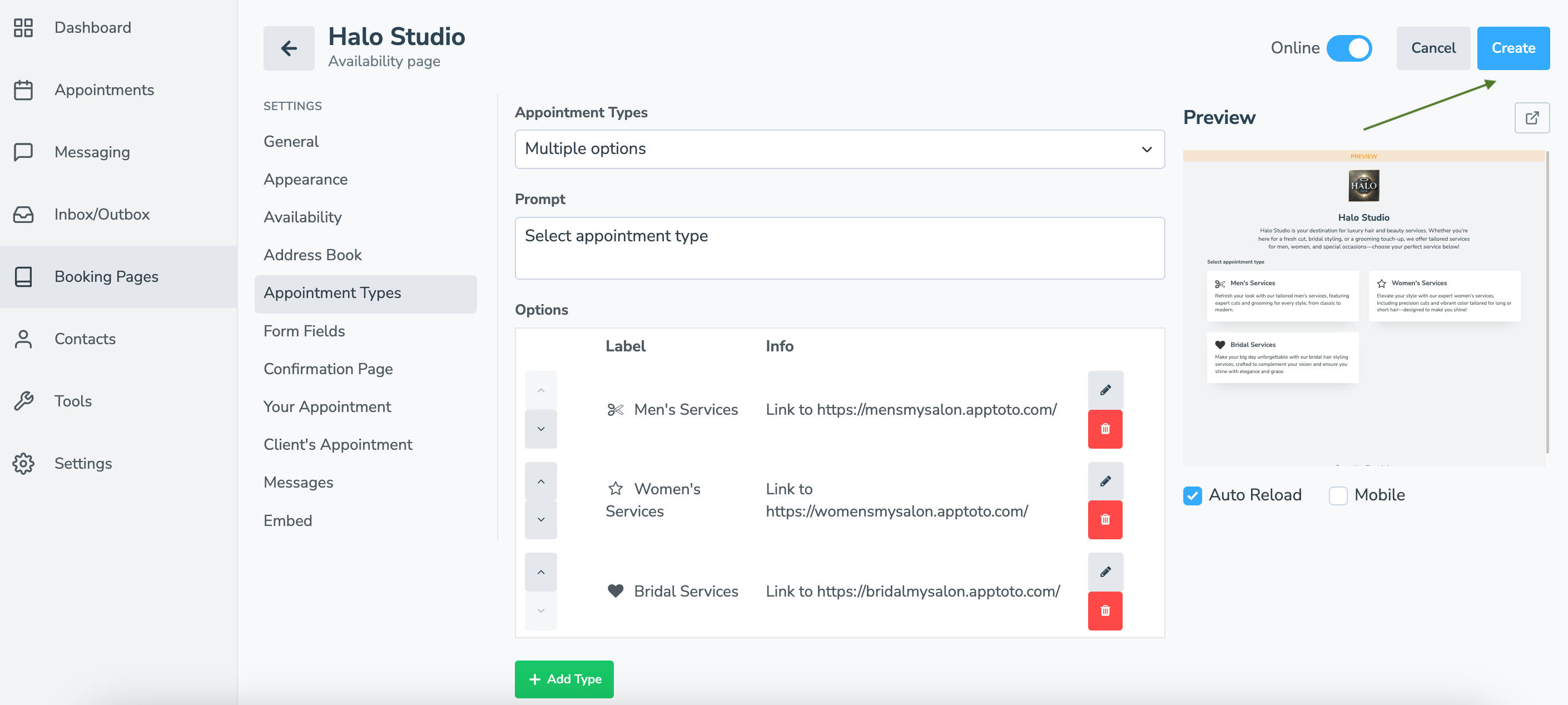 Launch your multi-appointment-type booking page by clicking "Create."