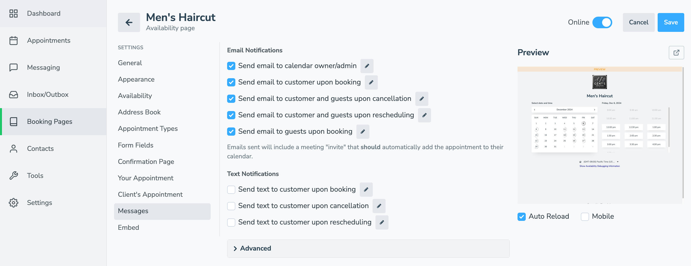 Choose which email or text messages you want sent after someone books an appointment