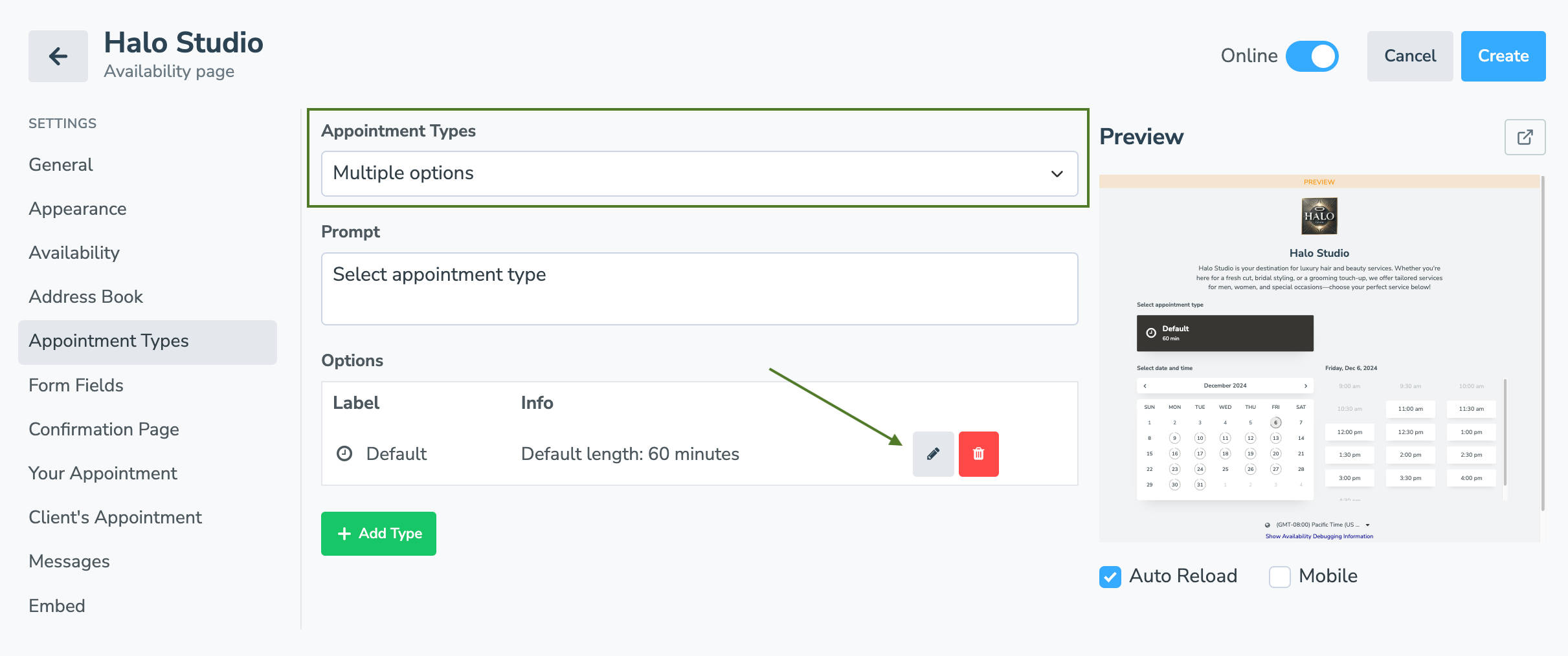 Set appointment type to "Multiple Options" and edit the default type that appears