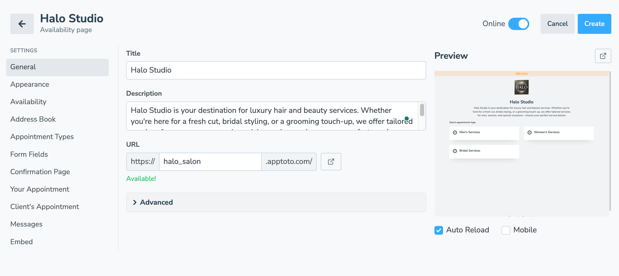Salon booking page showing multiple services offered